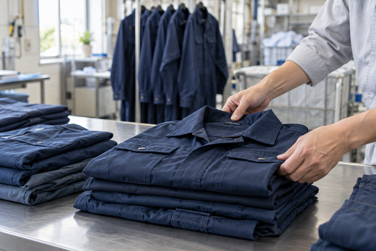 紺色の作業服を丁寧に整える手元のイメージ