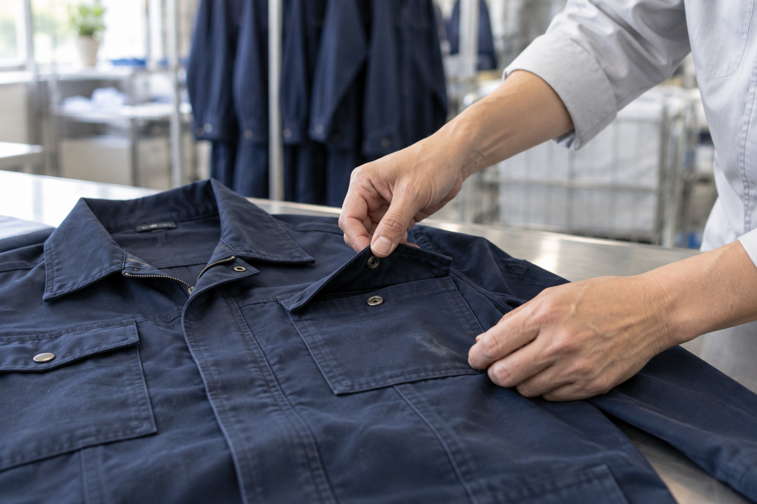 紺色の作業服のポケットを確認する手元のイメージ
