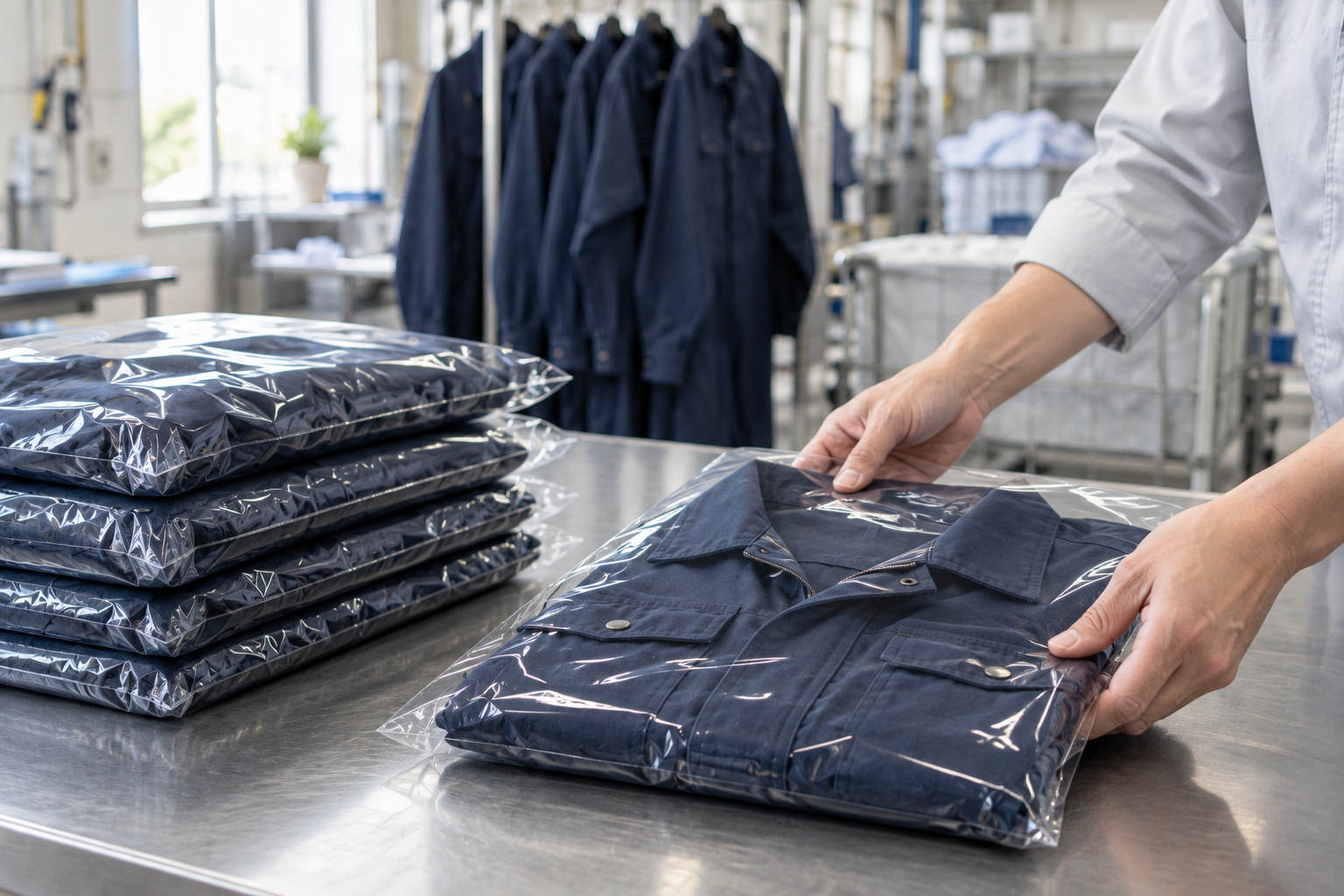 仕上げた紺色の作業服を包装して整えるイメージ